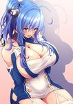  absurdres ahoge azur_lane bangs bare_shoulders blue_hair blush breasts cleavage collarbone commentary_request elbow_gloves eyebrows_visible_through_hair eyes_visible_through_hair garter_straps gloves hair_between_eyes hair_ornament hands_on_own_chest highres huge_breasts kira_kazuki long_hair looking_at_viewer open_mouth purple_eyes shiny shiny_hair shiny_skin sideboob simple_background sitting smile solo st._louis_(azur_lane) teeth thighhighs white_gloves white_legwear 
