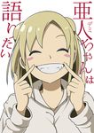  blonde_hair blush_stickers closed_eyes commentary_request copyright_name demi-chan_wa_kataritai double_bun fangs grin long_sleeves school_uniform shoggoth_329 simple_background smile solo takanashi_hikari vampire white_background 