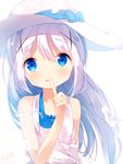  bangs bare_arms bare_shoulders blue_bow blue_eyes blue_ribbon blush bow chinomaron collarbone dress eyebrows_visible_through_hair finger_to_mouth gochuumon_wa_usagi_desu_ka? hair_between_eyes hair_ornament hat hat_bow hat_ribbon head_tilt highres kafuu_chino long_hair looking_at_viewer parted_lips petals ribbon shushing signature silver_hair sleeveless sleeveless_dress smile solo sun_hat twitter_username very_long_hair white_background white_dress white_hat x_hair_ornament 