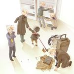  baby blue_neckwear drinking frsk_(ktst) holding_hands hood kagamine_len kneeling leash male_focus multiple_boys multiple_persona necktie ponytail school_uniform shiruko_(food) squatting suitcase vending_machine vocaloid 