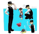  2boys :d animal_print arm_behind_back asaya_minoru balloon bangs billy_the_kid_(fate/grand_order) black_footwear black_hair black_hat black_vest blonde_hair blue_background blue_shorts brown_hat child closed_eyes cow_print cowboy_hat disneyland eyebrows_visible_through_hair fate/grand_order fate_(series) green_eyes hair_between_eyes hand_on_headwear hat holding holding_balloon long_sleeves looking_at_another mr._potato_head multiple_boys one_knee open_mouth peaked_cap profile red_shirt shirt shoes shorts sleeves_pushed_up smile socks translated twintails twitter_username two-tone_background vest waving white_background white_legwear white_shirt yellow_footwear yellow_shirt 