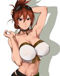  arm_behind_head armpits breasts cleavage covered_nipples folded_ponytail goggles goggles_on_head large_breasts midriff navel red_hair sagara1990 sengoku_taisen simple_background smirk solo sugino_ookata white_background 