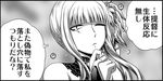  aoki_hagane_no_arpeggio bangs blunt_bangs bridal_gauntlets comic dress greyscale hand_on_own_chin kaname_aomame kongou_(aoki_hagane_no_arpeggio) long_hair monochrome one_eye_closed side_ponytail solo translated upper_body 