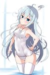  absurdres ahoge armpits blue_eyes commentary_request cowboy_shot hibiki_(kantai_collection) highres kantai_collection kirikan long_hair looking_at_viewer navel one-piece_swimsuit school_swimsuit silver_hair solo standing swimsuit white_legwear white_school_swimsuit white_swimsuit 