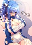  absurdres ahoge azur_lane bangs bare_shoulders blue_hair blush breasts character_name cleavage collarbone commentary_request elbow_gloves eyebrows_visible_through_hair eyes_visible_through_hair garter_straps gloves hair_between_eyes hair_ornament hands_on_own_chest highres huge_breasts kira_kazuki long_hair looking_at_viewer open_mouth purple_eyes shiny shiny_hair shiny_skin sideboob simple_background sitting smile solo st._louis_(azur_lane) teeth thighhighs white_gloves white_legwear 