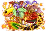  autumn_leaves blue_hair dragon_egg fire flame hair_ornament hair_stick highres japanese_clothes kimono leaf leaf_print long_hair looking_at_viewer maple_leaf mito_amatsu oni_horns pointy_ears red_eyes salamander solo very_long_hair wide_sleeves 