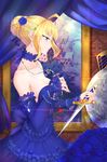  absurdres ahoge alternate_costume armlet artoria_pendragon_(all) avalon_(fate/stay_night) bangs bare_shoulders blonde_hair blue_choker blue_dress blue_flower blue_rose bracelet braid breasts choker cleavage closed_mouth curtains dagger detached_sleeves dress evan_(912319) fate/stay_night fate_(series) flower frilled_dress frills from_side gem green_eyes hair_bun hair_flower hair_ornament head_chain highres jewelry long_sleeves medium_breasts necklace painting_(object) ribbon-trimmed_sleeves ribbon_trim rose saber shield sleeves_past_wrists solo strapless strapless_dress weapon 