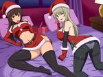  an-bl bed black_legwear blonde_hair blush breasts christmas condom condom_in_mouth covered_nipples highres large_breasts midriff miyama_tsubame mouth_hold multiple_girls navel one_eye_closed open_mouth panties panties_under_pantyhose pantyhose santa_costume school_girl_strikers smile thighhighs underwear white_panties yaginuma_io yellow_eyes 