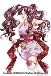  brown_hair dagger dual_wielding eyeshadow hair_ornament highres holding holding_knife knife long_hair looking_at_viewer makeup mito_amatsu official_art pink_eyes pom_pom_(clothes) sengoku_hanafuda_kassen solo standing standing_on_one_leg tassel thighhighs transparent_background twintails weapon white_legwear 