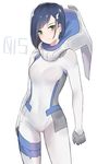  blue_hair bodysuit character_name commentary cowboy_shot darling_in_the_franxx eyebrows_visible_through_hair green_eyes hair_ornament hair_over_one_eye hairclip highres ichigo_(darling_in_the_franxx) looking_at_viewer norman_maggot pilot_suit short_hair simple_background skin_tight solo white_background white_bodysuit 
