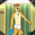  anthro blue_pants briefs brown_hair bulge clothing eyewear fitting_room fuze glasses hair holding_pants inside jewelry male mammal mustelid necklace nipples otter solo tighty_whities underwear white_underwear 