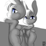  2018 anthro big_butt blue_eyes butt countershading digital_media_(artwork) female fluffy fluffy_tail fur grey_fur lagomorph looking_at_viewer mammal nude open_mouth paws rabbit simple_background thick_thighs white_background xylas 