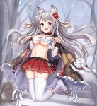  animal_ears azur_lane bare_tree blush breasts cape clenched_hands collar day dog eyebrows_visible_through_hair floral_print flower full_body grey_hair groin hair_flower hair_ornament jumping large_breasts legs_up long_hair looking_at_viewer manda_(manda9n) navel outdoors paw_pose pleated_skirt red_eyes red_skirt sandals sarashi skindentation skirt snow snowing thick_eyebrows thighhighs tree v-shaped_eyebrows very_long_hair white_legwear yuudachi_(azur_lane) 