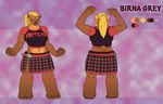  2018 abstract_background bear belt big_breasts blonde_hair blue_eyes breasts brown_fur clothing emikochan female fur grizzly_bear hair hi_res looking_at_viewer mammal model_sheet muscular muscular_female open_mouth piercing plaid ponytail shirt simple_background skirt smile t-shirt tail_ring 