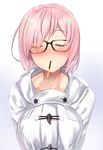  black-framed_eyewear blush breasts closed_eyes coat collarbone eyebrows_visible_through_hair facing_viewer fate_(series) food food_in_mouth glasses gradient gradient_background hair_over_one_eye highres incoming_pocky_kiss large_breasts long_sleeves mash_kyrielight mouth_hold pink_hair pocky shiny shiny_hair short_hair solo untsue upper_body white_background white_coat 