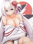 aiguillette arms_around_waist azur_lane bangs bare_shoulders black_gloves blue_eyes blurry blush breasts cleavage closed_mouth collarbone commentary_request depth_of_field eyebrows_visible_through_hair eyeshadow flower gloves hair_between_eyes hair_flower hair_ornament hand_on_leg head_tilt highres japanese_clothes kimono large_breasts long_hair looking_at_viewer makeup mole mole_under_eye off_shoulder partly_fingerless_gloves ramchi shiny shiny_skin shoukaku_(azur_lane) sidelocks signature silver_hair smile solo tareme thighs wide_sleeves 