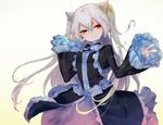  :3 animal_ears black_dress cat_ears closed_mouth dress frilled_dress frilled_sleeves frills hair_between_eyes highres krn_(kurukuru15) long_hair looking_at_viewer nora_cat nora_cat_channel red_eyes silver_hair smile solo two_side_up v very_long_hair white_background wide_sleeves 