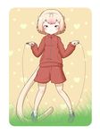  alternate_costume anteater_ears anteater_tail blonde_hair blush bow grass hairband heart highres kemono_friends multicolored_hair pink_hair rakugakiraid short_hair silky_anteater_(kemono_friends) solo sportswear two-tone_hair 
