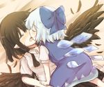  black_hair black_wings blue_dress blue_hair blush bow cirno closed_eyes dress feathered_wings feathers french_kiss hair_bow highres ice ice_wings kiss kototoki multiple_girls on_person shameimaru_aya shirt short_hair short_sleeves touhou white_shirt wings yuri 