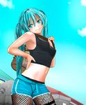  armad bad_id bad_pixiv_id bag bare_shoulders black_legwear black_shirt blue_eyes blue_hair blue_shorts blue_sky breasts cloud colored_eyelashes commentary_request covered_nipples crop_top day fishnet_legwear fishnets hand_on_hip hand_up hatsune_miku highres long_hair looking_at_viewer looking_to_the_side medium_breasts midriff nail_polish navel outdoors pantyhose shirt short_shorts shorts sky sleeveless sleeveless_shirt smile solo standing tied_hair twintails vocaloid 