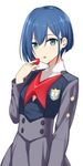  blue_hair commentary_request darling_in_the_franxx eyebrows_visible_through_hair food fruit green_eyes hair_ornament hand_up highres hiraga_matsuri holding holding_food holding_fruit ichigo_(darling_in_the_franxx) long_sleeves looking_at_viewer military military_uniform pun school_uniform short_hair simple_background solo strawberry tongue tongue_out uniform upper_body white_background 