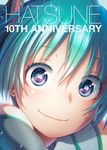  anniversary aqua_eyes aqua_hair closed_mouth commentary_request copyright_name earrings english eyes face hair_ornament hatsune_miku highres jewelry looking_at_viewer reflective_eyes smile solo twintails vocaloid wokada 