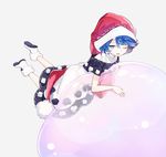  ;3 bare_arms blue_eyes blue_hair doremy_sweet dream_soul dress full_body grey_background hat looking_at_viewer lying nightcap nuudoru on_stomach one_eye_closed pom_pom_(clothes) red_hat shoes short_hair simple_background smile solo touhou turtleneck white_dress white_footwear 