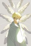  1boy angel_wings asuka_ryou blonde_hair blue_eyes closed_mouth coat devilman devilman_crybaby eyebrows feathered_wings feathers short_hair solo white_coat wings 