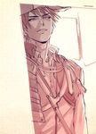  looking_at_viewer male_focus mineco000 monochrome ookanehira_(touken_ranbu) parted_lips red_hair smile solo spiked_hair tassel touken_ranbu twitter_username upper_body wall 