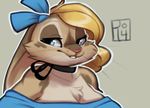  anthro astri_(reign-2004) blonde_hair blue_eyes brown_fur bust_portrait choker clothed clothing female fur grey_background hair lagomorph mammal portrait rabbit reign-2004 ribbons simple_background solo tan_fur 