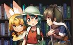  animal_ears backpack bag black_eyes black_gloves blonde_hair blue_eyes book bookshelf bow bowtie brown_hair commentary_request elbow_gloves eyebrows_visible_through_hair fur_collar gloves green_hair hat hat_feather helmet highres holding holding_book kaban_(kemono_friends) kemono_friends long_hair looking_at_another mammoth_(kemono_friends) multiple_girls open_mouth pith_helmet print_gloves print_neckwear profile red_shirt serval_(kemono_friends) serval_ears serval_print shirt short_hair signature welt_(kinsei_koutenkyoku) yellow_eyes 