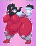  2018 4_toes 5_fingers anthro armor belly big_belly big_breasts big_butt big_thighs biped black_hair breasts butt clothed clothing cosplay digital_media_(artwork) female footwear hair half-closed_eyes huge_breasts huge_butt huge_hips huge_thighs kim_xu mammal motion_lines navel neck_tuft nekocrispy nipple_bulge obese obese_female overweight overweight_female pose purple_background purple_eyes red_panda simple_background solo soul_calibur standing taki_(soul_calibur) thick_thighs tight_clothing toes tuft url voluptuous weapon wide_hips 