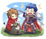  armor axe blue_eyes blue_hair brown_eyes brown_hair cape cloak closed_eyes elbow_gloves fire_emblem fire_emblem:_rekka_no_ken gloves hector_(fire_emblem) highres male_focus matthew multiple_boys nakabayashi_zun open_mouth smile weapon 