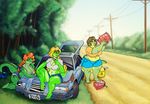  2017 alcohol anthro belly beverage big_belly big_breasts big_butt blonde_hair breasts brown_hair butt car cleavage clothed clothing crocodile crocodilian female gasoline hair lily_sue_(spiketheklown) makeup maryanne_(vdisco) navel overweight overweight_female red_hair reptile roadside scalie skimpy smoking stranded tamsey_(vdisco) thick_thighs tree vdisco vehicle voluptuous wide_hips 