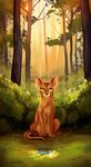  2018 ambiguous_gender brown_fur brown_markings bushes cat collar collar_tag detailed_background domestic_cat feline feral firestar_(warriors) forest front_view fur green_eyes looking_at_viewer mammal maplespyder markings nature outside portrait red_fur sitting solo tree warriors_(cats) white_markings 