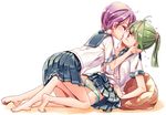  barefoot green_hair kiss multiple_girls nagisa_honoka original panties pink_scrunchie pleated_skirt purple_hair red_eyes school_uniform scrunchie serafuku skirt underwear yuri 