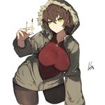  black_legwear breasts brown_hair closed_mouth coat cropped_legs fur_trim green_eyes hair_between_eyes hand_up holding hood hood_up lansane large_breasts leaning_forward original pantyhose red_pupils red_shirt shirt signature simple_background solo spore_(lansane) standing white_background 
