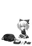  bow cassette_tape comic dress duffle_bag gin_(shioyude) greyscale hair_bow highres kurodani_yamame long_sleeves microphone monochrome ponytail rubber_duck short_hair touhou 