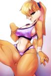  2018 5_fingers absurd_res anthro big_breasts black_nose blonde_hair bra breasts camel_toe cleavage clothed clothing female floppy_ears gradient_background hair hairband half-closed_eyes hi_res lagomorph lola_bunny looking_at_viewer looney_tunes mammal midriff navel nipple_bulge open_mouth open_smile pussy_juice rabbit seductive shirt_pull short_hair shorts side_boob simple_background smile solo spirale sports_bra sweat thick_thighs tongue tongue_out underwear warner_brothers wet_spot 