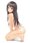  bangs barefoot between_legs black_hair blush brown_eyes from_side full_body hand_between_legs kneeling leaning_forward long_hair looking_at_viewer looking_to_the_side muffin_(sirumeria) nude original parted_lips shiny shiny_skin simple_background solo straight_hair white_background 