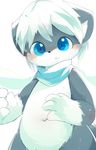  anthro aoino blue_eyes blush canine cub fur grey_fur hair mammal simple_background white_fur white_hair young 