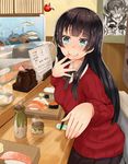  agano_(kantai_collection) alternate_costume black_hair black_skirt blue_eyes chopsticks commentary_request fish food kantai_collection long_hair long_sleeves narushima_kanna pleated_skirt red_shirt shirt skirt smile solo sparkle sushi twitter_username when_you_see_it 
