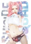  1girl batman_(series) blonde_hair blue_hair breasts collar dc_comics harley_quinn lips long_hair makeup pink_hair pubic_tattoo short_shorts shorts solo suicide_squad tattoo twintails 