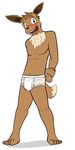  barefoot blush briefs bulge clothed clothing eevee fuze male nintendo open_mouth pok&eacute;mon pok&eacute;mon_(species) simple_background tighty_whities topless underwear video_games white_background white_underwear 