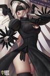  adapted_costume artist_name black_blindfold black_dress blindfold breasts cleavage cleavage_cutout commentary dress feather-trimmed_sleeves fusion iury_padilha leotard_under_clothes lips mechanical_halo mechanical_wings medium_breasts mercy_(overwatch) nier_(series) nier_automata overwatch puffy_sleeves side_slit silver_hair skindentation solo wings yorha_no._2_type_b 