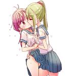  blush closed_eyes green_hair kiss multiple_girls nagisa_honoka original pleated_skirt purple_hair school_uniform serafuku skirt yuri 