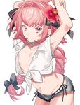  armpits arms_up astolfo_(fate) black_bow bow braid commentary_request fate/grand_order fate_(series) flower hair_bow hair_flower hair_ornament highres long_hair looking_at_viewer male_focus midriff mihatarou navel nipples otoko_no_ko pink_eyes short_shorts shorts simple_background single_braid solo white_background 