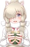  :d alpaca_suri_(kemono_friends) blonde_hair blue_eyes blurry blush breasts cup depth_of_field eyelashes feeding fur_trim hair_over_one_eye horizontal_pupils kemono_friends long_sleeves looking_at_viewer open_mouth outstretched_hand pov_feeding smile solo takatsuki_nao tea 