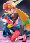  1girl blonde_hair blue_bodysuit blush bodysuit boots closed_eyes clothed_sex cum cum_in_pussy girl_on_top gloves green_eyes helmet hetero holographic_interface holographic_monitor holographic_touchscreen long_hair pink_bodysuit rockman rockman_exe rockman_exe_(character) roll_exe sex shikapu signature smile straddling sweat thighhighs tile_floor tiles trembling upright_straddle very_long_hair 