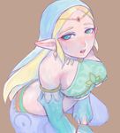  alternate_costume blonde_hair blush breasts cosplay detached_sleeves earrings gerudo_link gerudo_link_(cosplay) goma_tonbi jewelry link long_hair looking_at_viewer navel pointy_ears princess_zelda solo the_legend_of_zelda the_legend_of_zelda:_breath_of_the_wild veil 